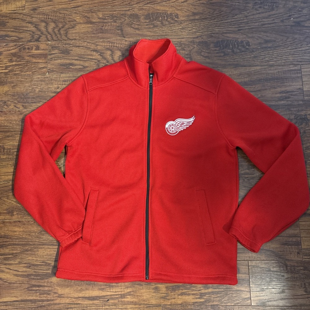 Detroit Red Wings Full Zip Waffle Knit Jacket L Red With Flyer Embroidered